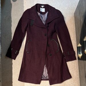 Soia & Kyo Wine Burgundy Wool Leather Trim Coat XS